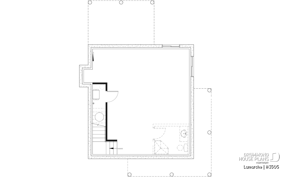 Unfinished basement - Small country house plan with wraparound porch on two sides, 2 bedrooms, abundant windows and fireplace - Lamarche