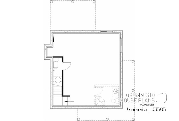 Unfinished basement - Affordable first home, Country style house plan, covered porch, fireplace, open floor plan - Lamarche