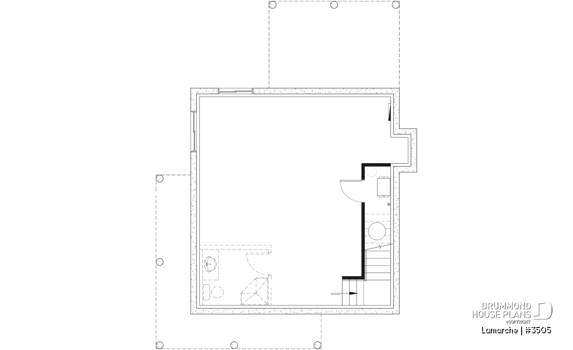 Unfinished basement - Small country house plan with wraparound porch on two sides, 2 bedrooms, abundant windows and fireplace - Lamarche