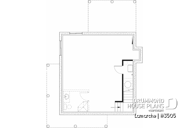 Unfinished basement - Affordable first home, Country style house plan, covered porch, fireplace, open floor plan - Lamarche