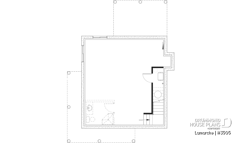 Unfinished basement - Small country house plan with wraparound porch on two sides, 2 bedrooms, abundant windows and fireplace - Lamarche