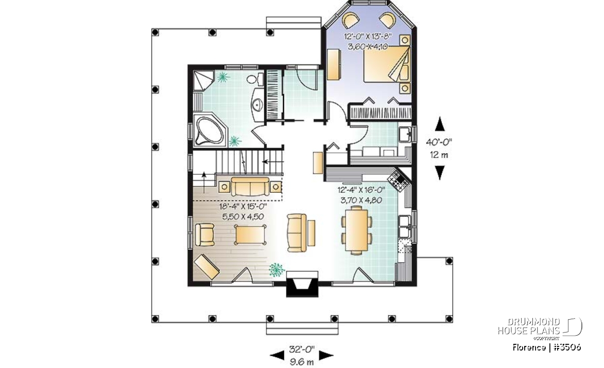 1st level - Country cottage with wrap around porch, open floor plan, centralized fireplace - Florence