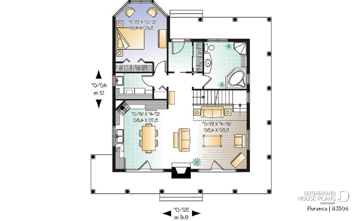 1st level - Country cottage with wrap around porch, open floor plan, centralized fireplace - Florence