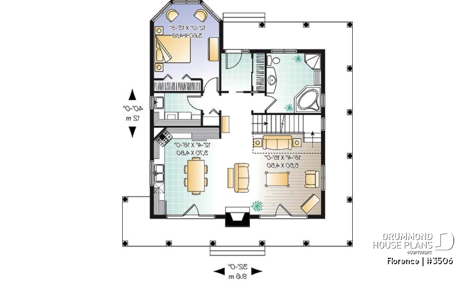 1st level - Country cottage with wrap around porch, open floor plan, centralized fireplace - Florence