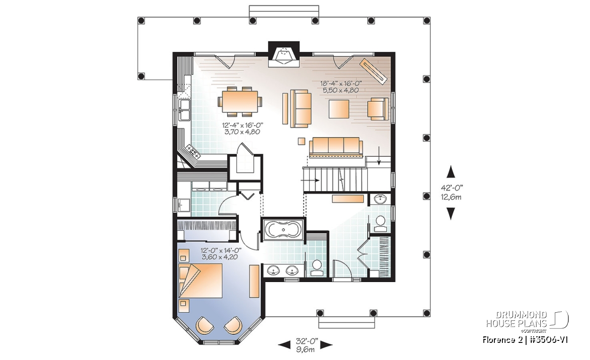 1st level - Lakefront Rustic Country cottage house plan, 4 bedrooms, 3.5 bathrooms, 2 master suites, fireplace, pantry - Florence 2