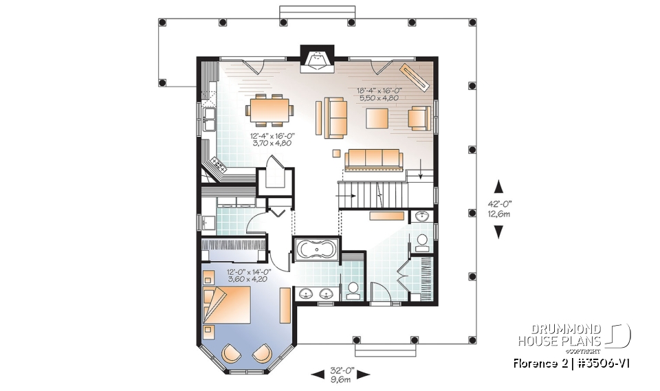 1st level - Lakefront Rustic Country cottage house plan, 4 bedrooms, 3.5 bathrooms, 2 master suites, fireplace, pantry - Florence 2