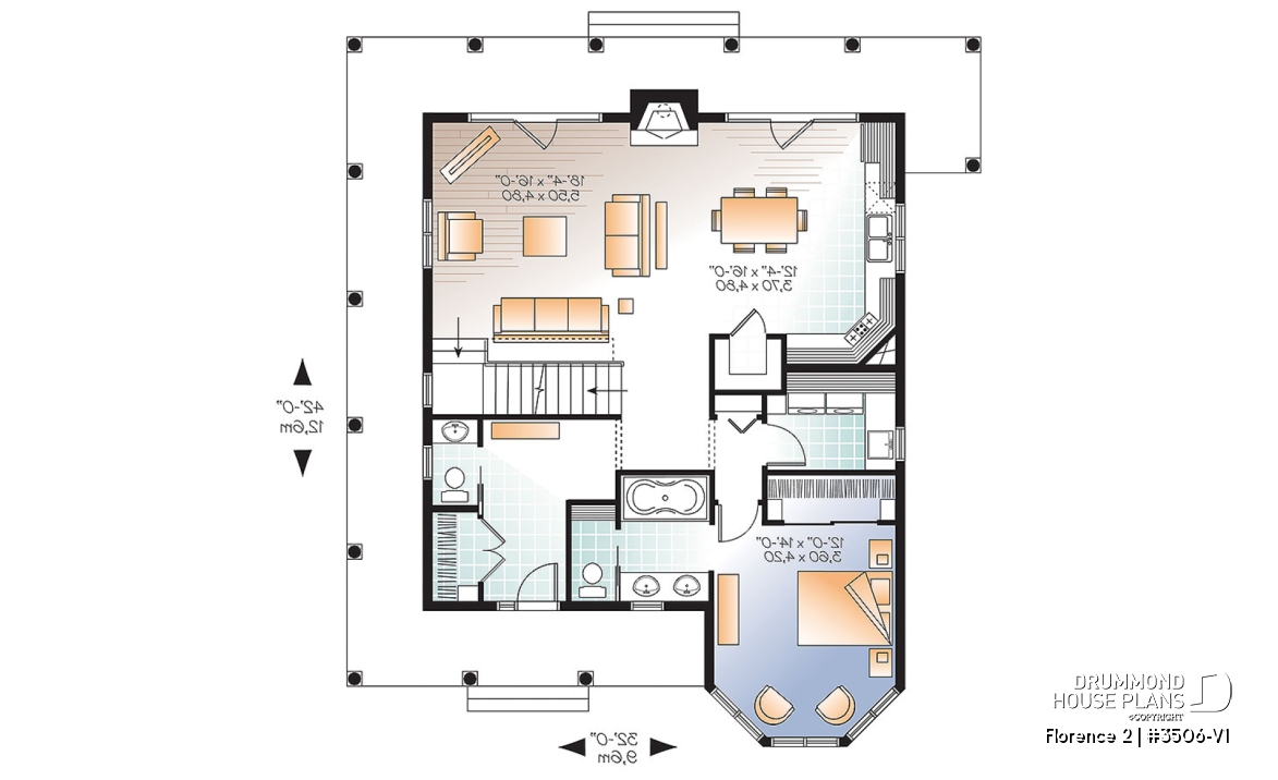 1st level - Lakefront Rustic Country cottage house plan, 4 bedrooms, 3.5 bathrooms, 2 master suites, fireplace, pantry - Florence 2