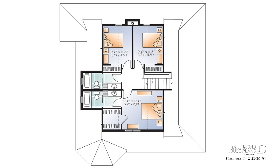 2nd level - Lakefront Rustic Country cottage house plan, 4 bedrooms, 3.5 bathrooms, 2 master suites, fireplace, pantry - Florence 2