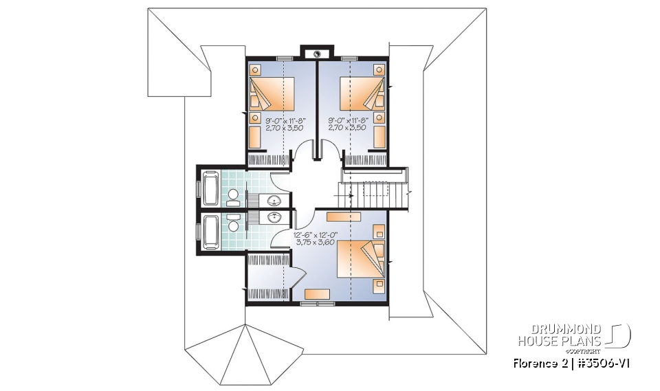 2nd level - Lakefront Rustic Country cottage house plan, 4 bedrooms, 3.5 bathrooms, 2 master suites, fireplace, pantry - Florence 2