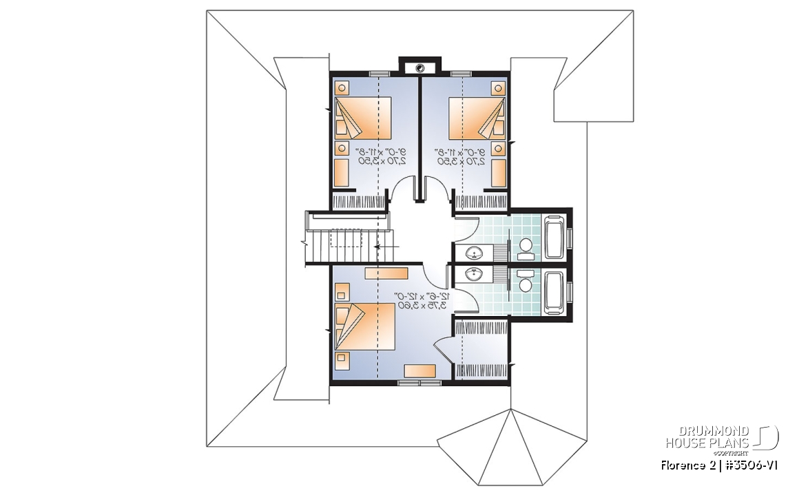 2nd level - Lakefront Rustic Country cottage house plan, 4 bedrooms, 3.5 bathrooms, 2 master suites, fireplace, pantry - Florence 2