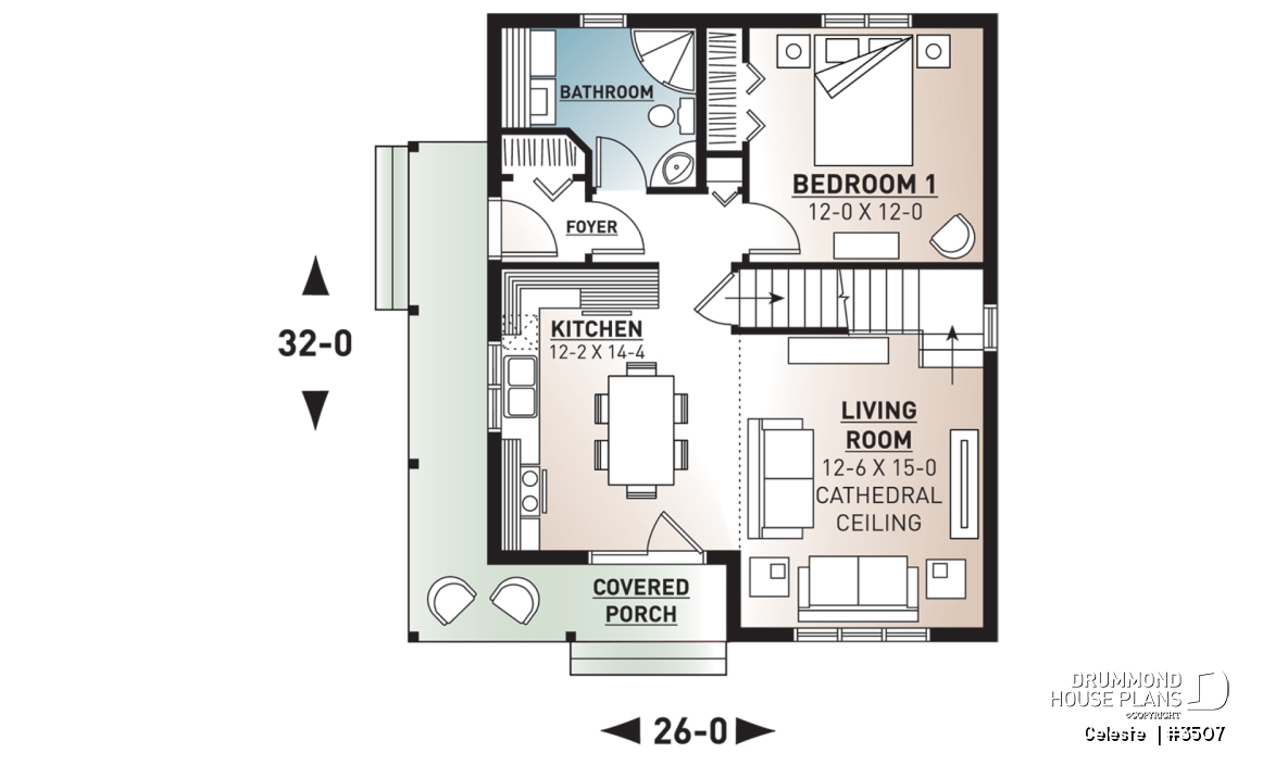 1st level - Affordable country cottage house plan, 2 to 3 bedrooms or home office, mezzanine, covered balcony - Celeste 