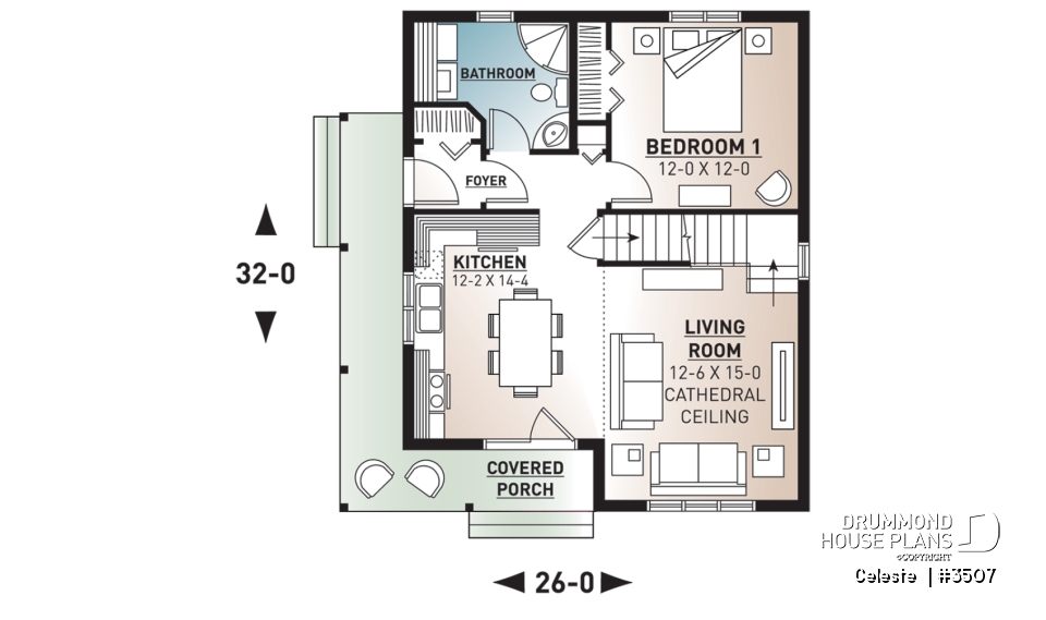 1st level - Affordable country cottage house plan, 2 to 3 bedrooms or home office, mezzanine, covered balcony - Celeste 
