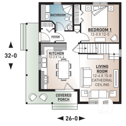 1st level - Affordable country cottage house plan, 2 to 3 bedrooms or home office, mezzanine, covered balcony - Celeste 