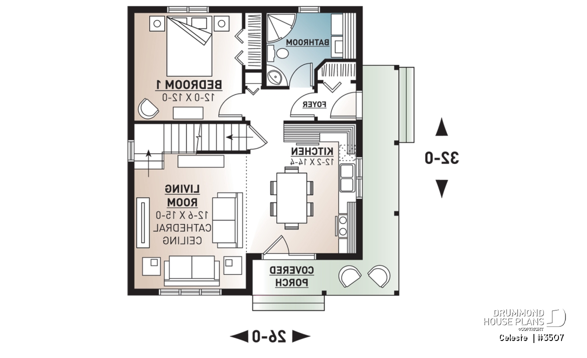 1st level - Affordable country cottage house plan, 2 to 3 bedrooms or home office, mezzanine, covered balcony - Celeste 