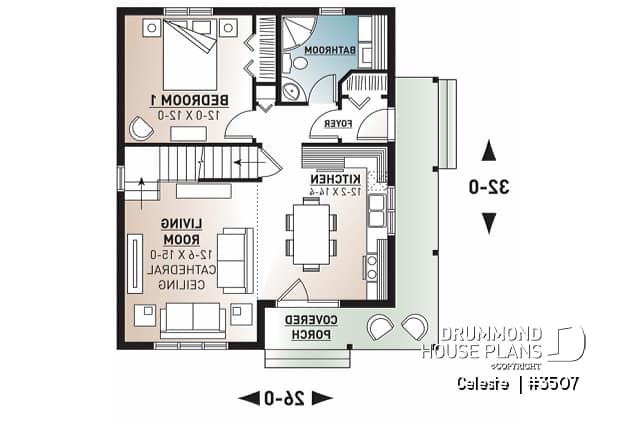 1st level - Affordable country cottage house plan, 2 to 3 bedrooms or home office, mezzanine, covered balcony - Celeste 