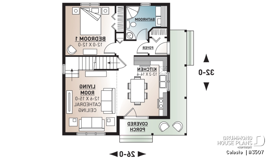 1st level - Affordable country cottage house plan, 2 to 3 bedrooms or home office, mezzanine, covered balcony - Celeste 