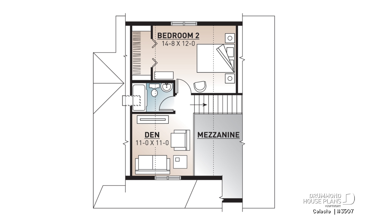 2nd level - Affordable country cottage house plan, 2 to 3 bedrooms or home office, mezzanine, covered balcony - Celeste 