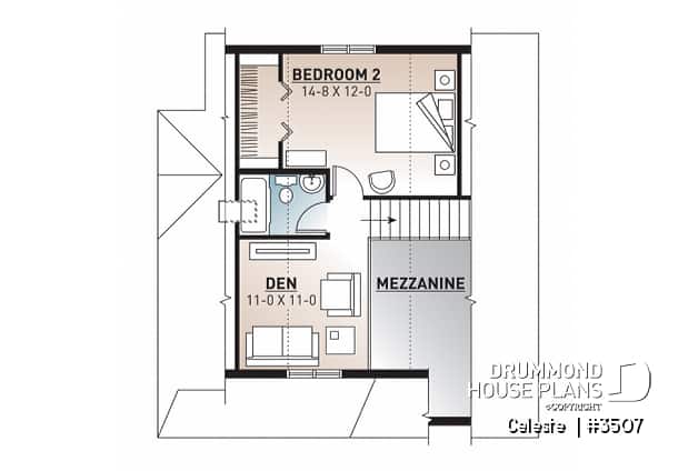 2nd level - Affordable country cottage house plan, 2 to 3 bedrooms or home office, mezzanine, covered balcony - Celeste 