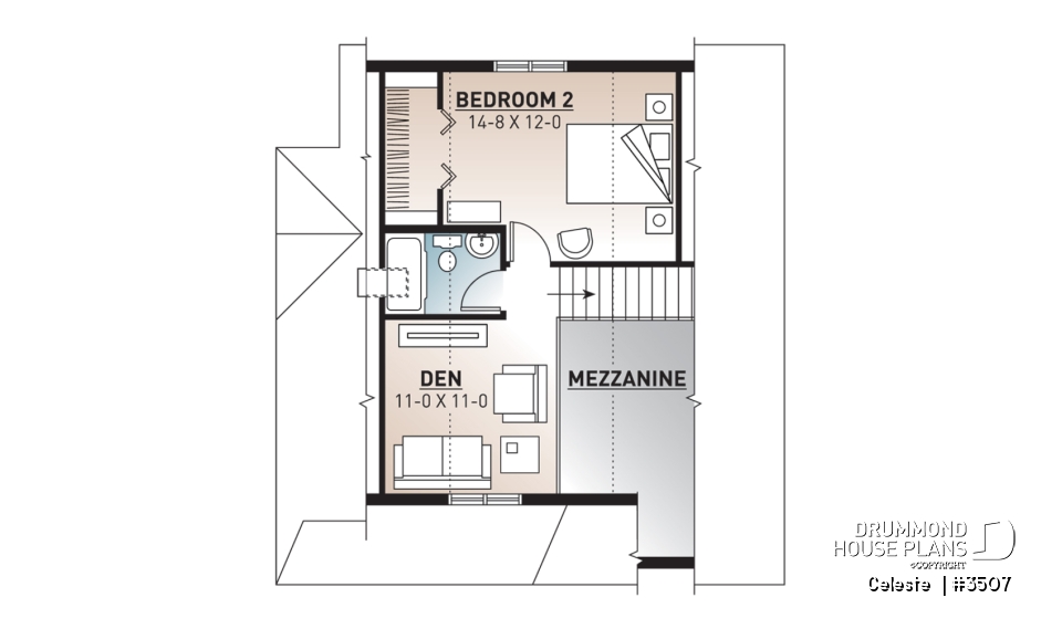 2nd level - Affordable country cottage house plan, 2 to 3 bedrooms or home office, mezzanine, covered balcony - Celeste 