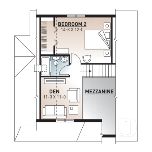 2nd level - Affordable country cottage house plan, 2 to 3 bedrooms or home office, mezzanine, covered balcony - Celeste 