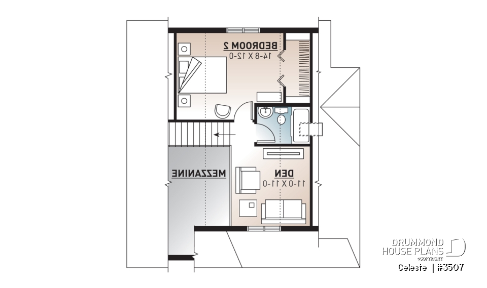 2nd level - Affordable country cottage house plan, 2 to 3 bedrooms or home office, mezzanine, covered balcony - Celeste 