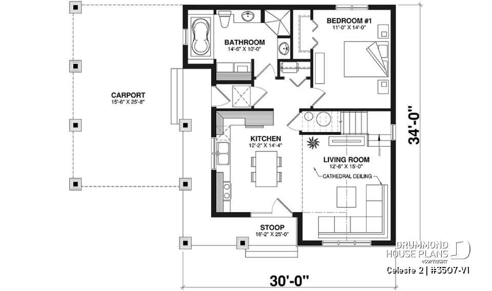 1st level - 2 to 4  bedroom country cottage house plan, carport, 2 living rooms, mezzanine, unfinished bonus room - Celeste 2