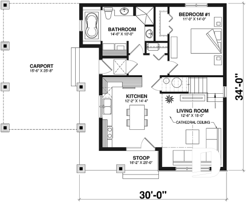 1st level - 2 to 4  bedroom country cottage house plan, carport, 2 living rooms, mezzanine, unfinished bonus room - Celeste 2