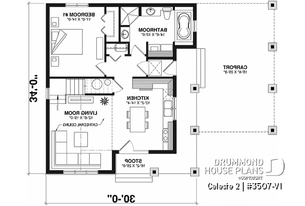 1st level - 2 to 4  bedroom country cottage house plan, carport, 2 living rooms, mezzanine, unfinished bonus room - Celeste 2