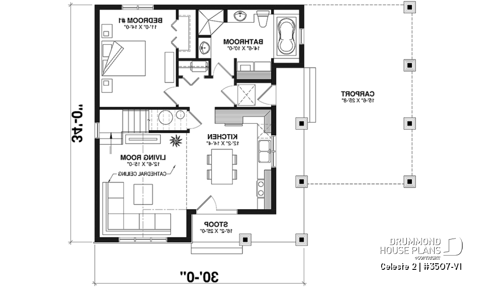 1st level - 2 to 4  bedroom country cottage house plan, carport, 2 living rooms, mezzanine, unfinished bonus room - Celeste 2