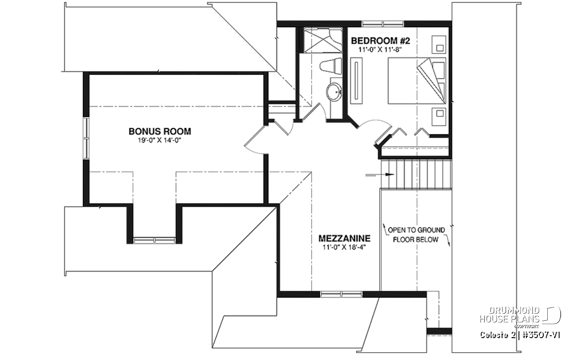 2nd level - 2 to 4  bedroom country cottage house plan, carport, 2 living rooms, mezzanine, unfinished bonus room - Celeste 2