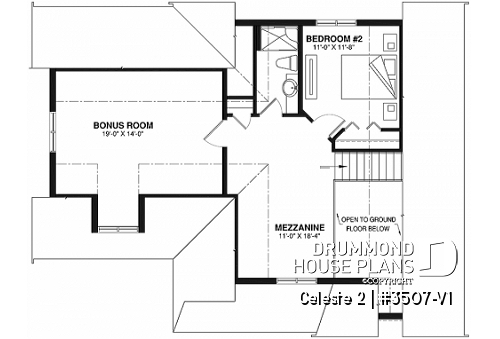 2nd level - 2 to 4  bedroom country cottage house plan, carport, 2 living rooms, mezzanine, unfinished bonus room - Celeste 2