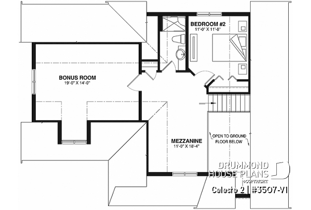 2nd level - 2 to 4  bedroom country cottage house plan, carport, 2 living rooms, mezzanine, unfinished bonus room - Celeste 2