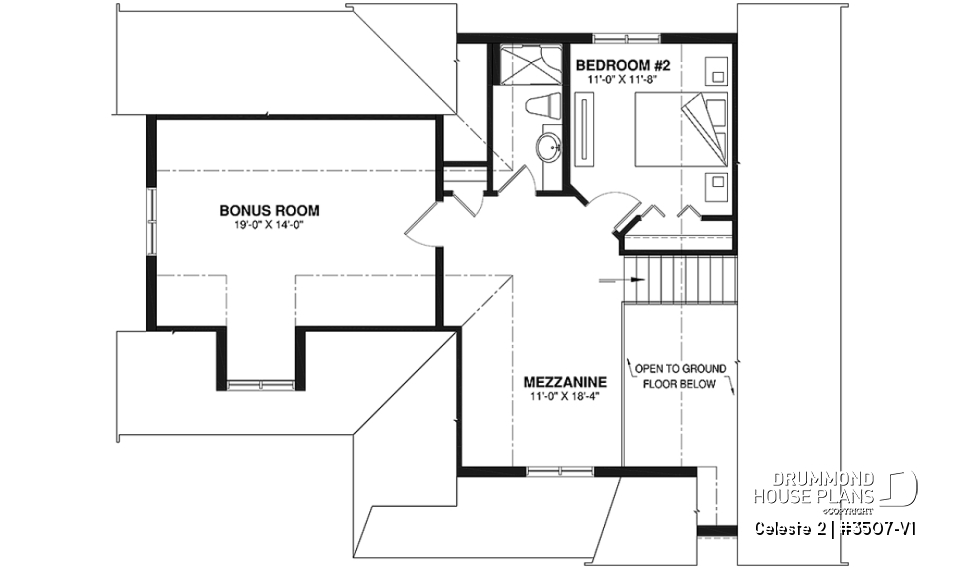 2nd level - 2 to 4  bedroom country cottage house plan, carport, 2 living rooms, mezzanine, unfinished bonus room - Celeste 2