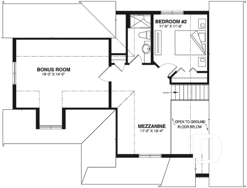 2nd level - 2 to 4  bedroom country cottage house plan, carport, 2 living rooms, mezzanine, unfinished bonus room - Celeste 2