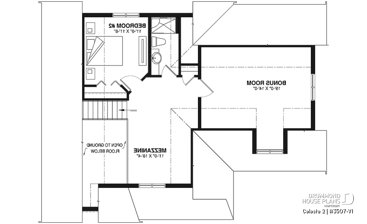 2nd level - 2 to 4  bedroom country cottage house plan, carport, 2 living rooms, mezzanine, unfinished bonus room - Celeste 2