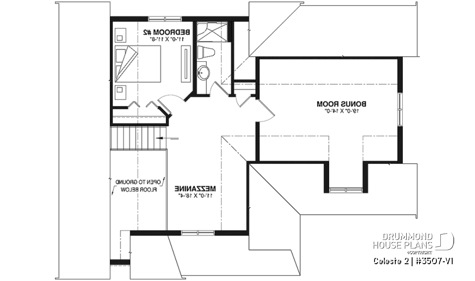 2nd level - 2 to 4  bedroom country cottage house plan, carport, 2 living rooms, mezzanine, unfinished bonus room - Celeste 2