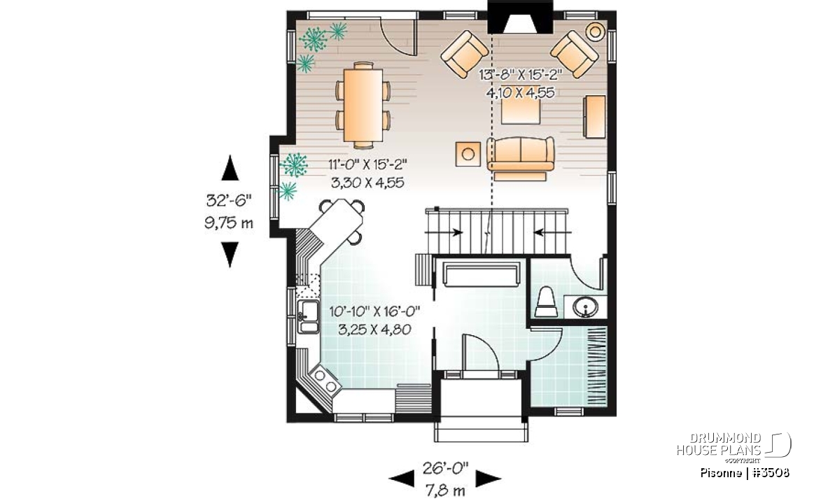 1st level - Modern country cottage house plan, 3 bedrooms, 2 bathrooms, open space, generous windows at rear, fireplace - Pisonne