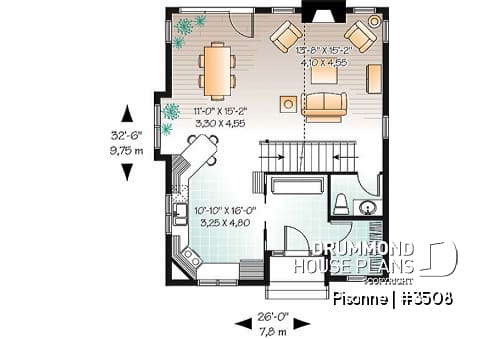 1st level - Modern country cottage house plan, 3 bedrooms, 2 bathrooms, open space, generous windows at rear, fireplace - Pisonne