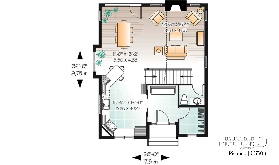 1st level - Modern country cottage house plan, 3 bedrooms, 2 bathrooms, open space, generous windows at rear, fireplace - Pisonne