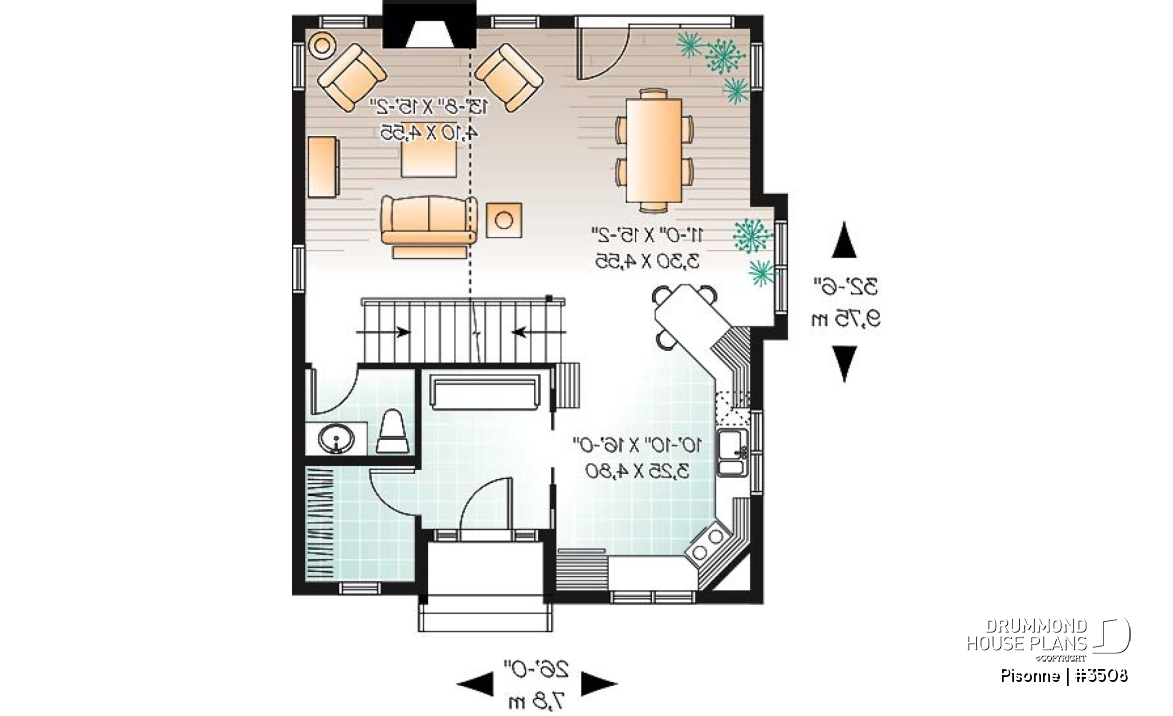 1st level - Modern country cottage house plan, 3 bedrooms, 2 bathrooms, open space, generous windows at rear, fireplace - Pisonne