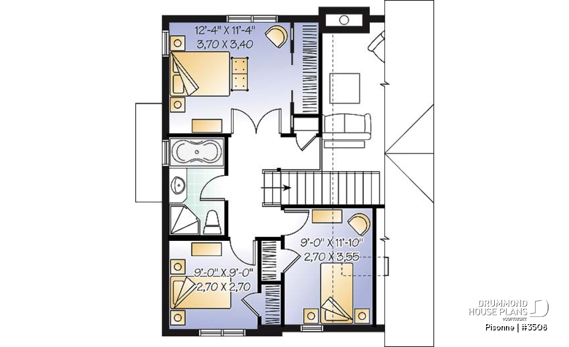 2nd level - Modern country cottage house plan, 3 bedrooms, 2 bathrooms, open space, generous windows at rear, fireplace - Pisonne