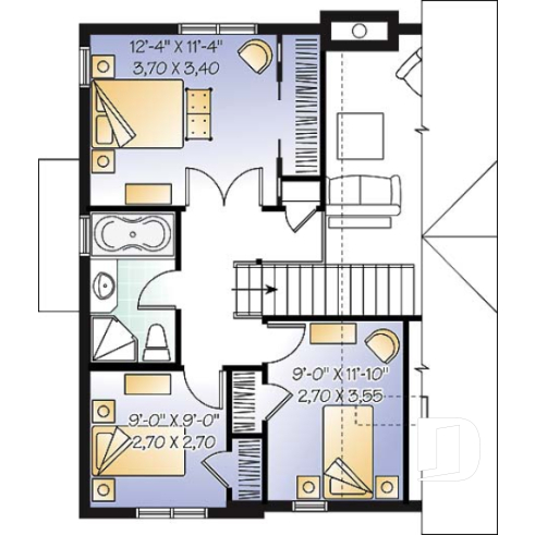 2nd level - Modern country cottage house plan, 3 bedrooms, 2 bathrooms, open space, generous windows at rear, fireplace - Pisonne