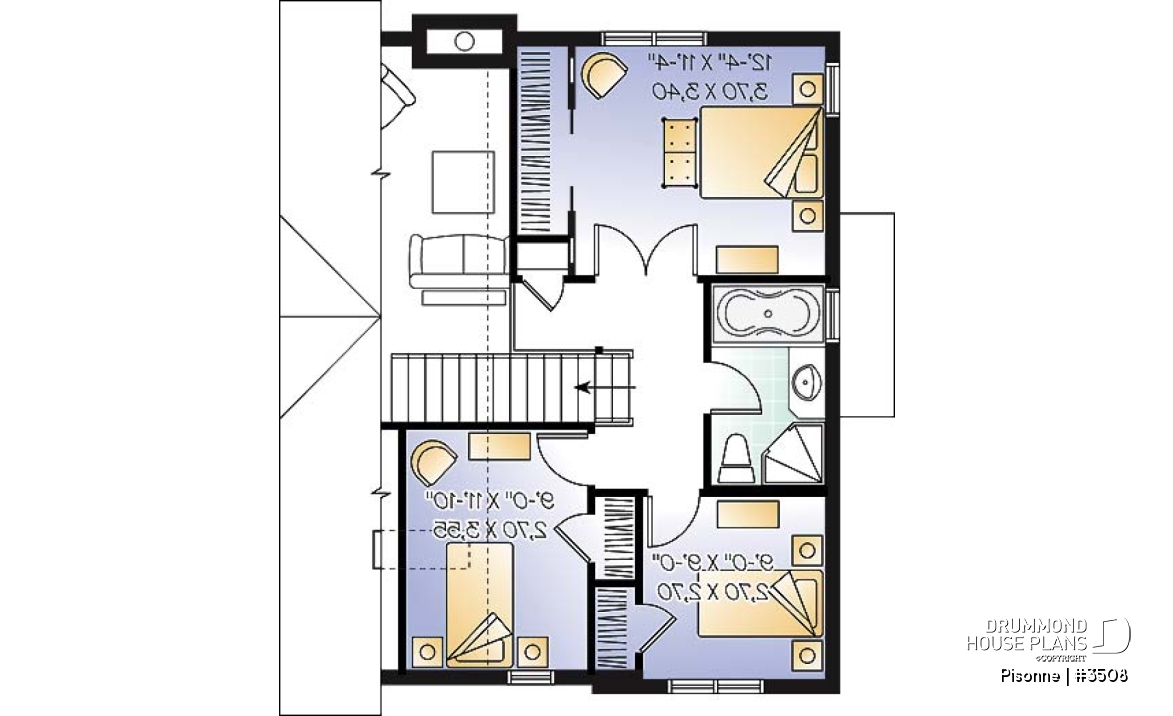 2nd level - Modern country cottage house plan, 3 bedrooms, 2 bathrooms, open space, generous windows at rear, fireplace - Pisonne