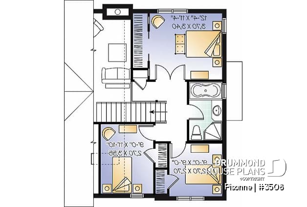 2nd level - Modern country cottage house plan, 3 bedrooms, 2 bathrooms, open space, generous windows at rear, fireplace - Pisonne