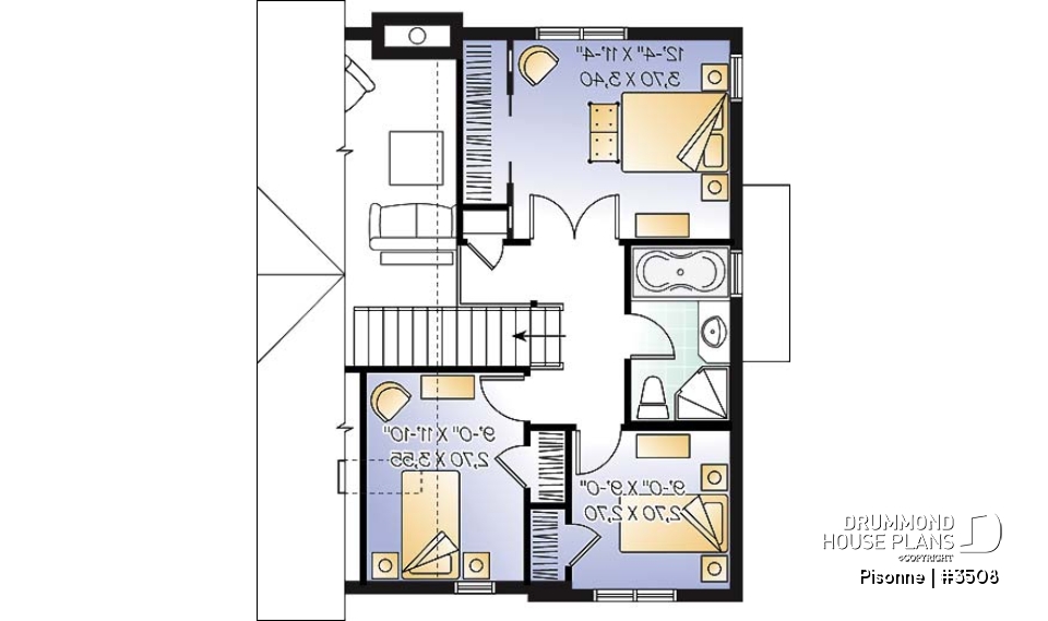 2nd level - Modern country cottage house plan, 3 bedrooms, 2 bathrooms, open space, generous windows at rear, fireplace - Pisonne