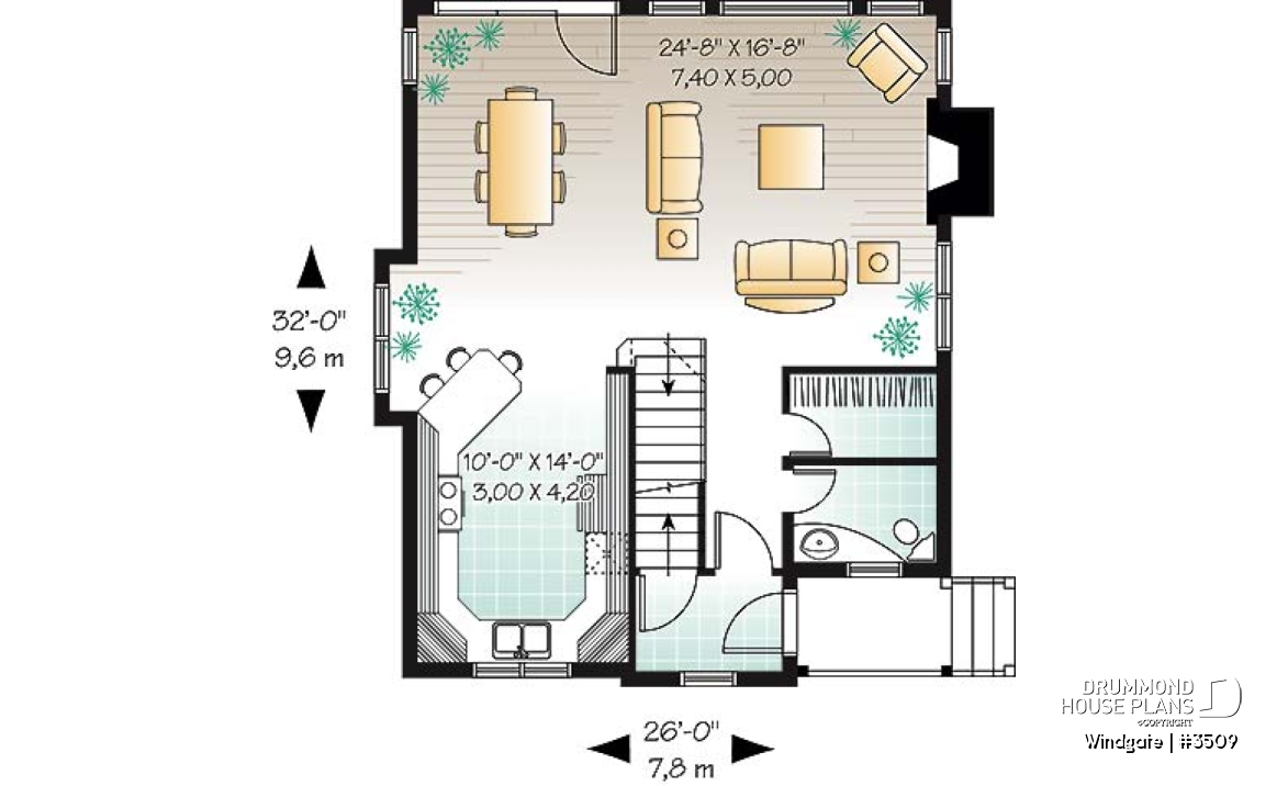 1st level - Affordable country house plan, 3 bedrooms, open space, fireplace, panoramic view - Windgate