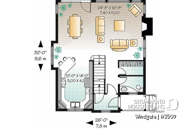 1st level - Affordable country house plan, 3 bedrooms, open space, fireplace, panoramic view - Windgate