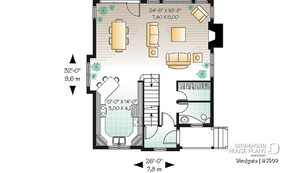 1st level - Affordable country house plan, 3 bedrooms, open space, fireplace, panoramic view - Windgate