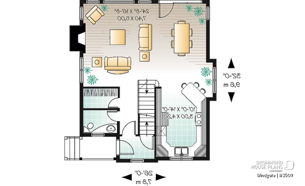 1st level - Affordable country house plan, 3 bedrooms, open space, fireplace, panoramic view - Windgate