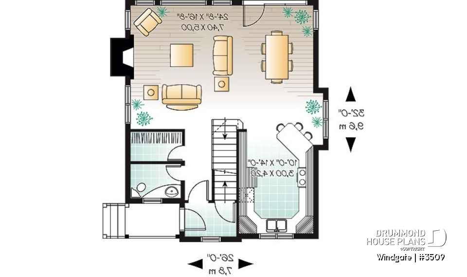 1st level - Affordable country house plan, 3 bedrooms, open space, fireplace, panoramic view - Windgate